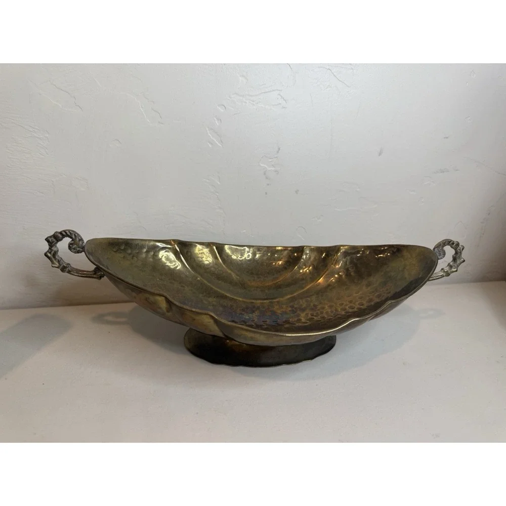 Vintage Hammered Brass Console Fruit Bowl with Side Handles & Scalloped Sides